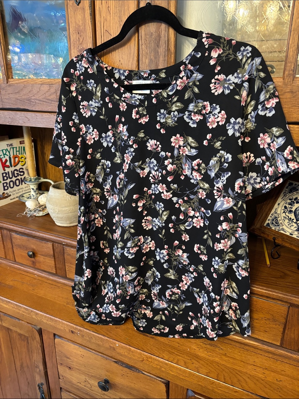Sienna Sky Black Floral Short-Sleeve Blouse with Pink & Blue Blooms